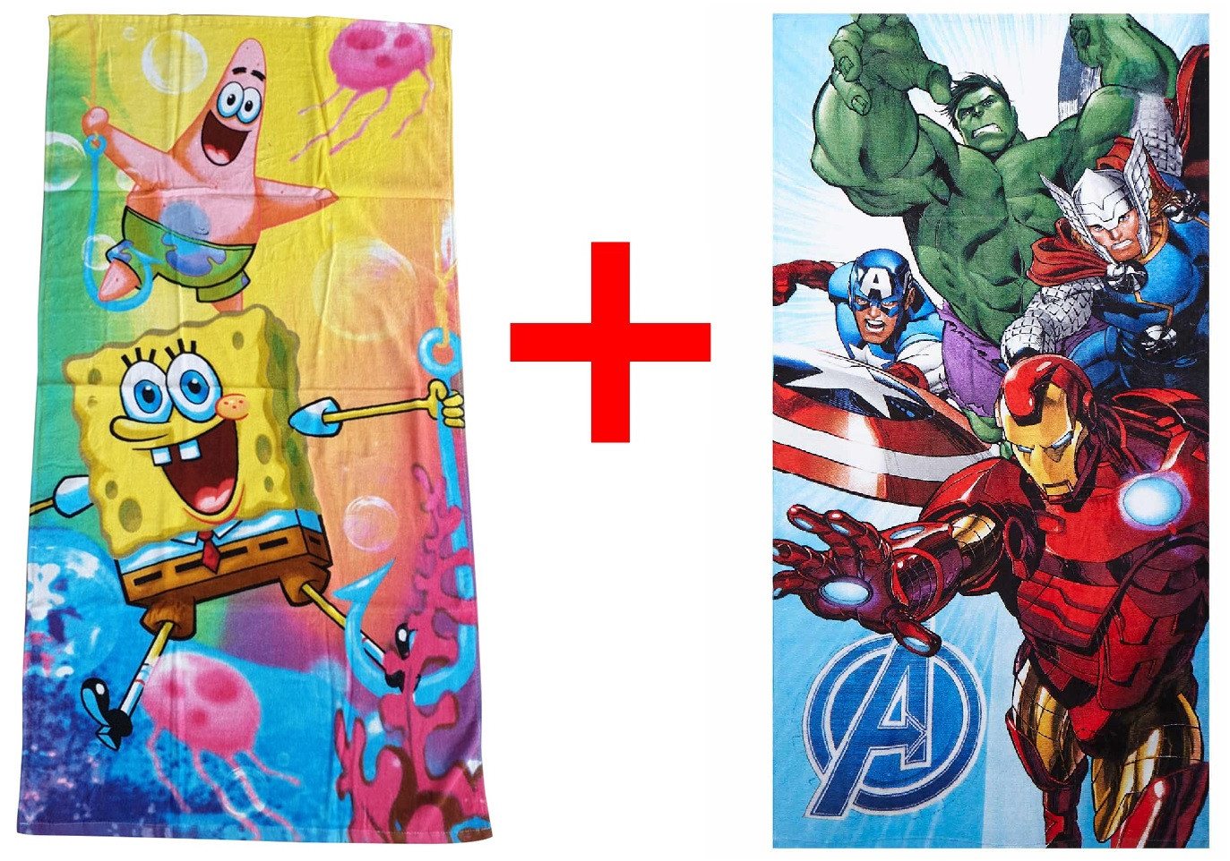 Jerry Fabrics Strandtücher SpongeBob Schwammkopf + Avengers Handtuch 70x140cm 2er-Set, Frottee (2-St) von Jerry Fabrics