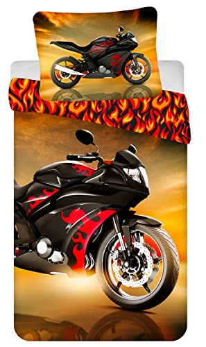 Jerry Fabrics Kinder Bettwäsche Set mit Wendemotiv Motorrad Schwarze Rennmaschine mit roten Flammen, Bettdeckenbezug 140x200 cm, Kopfkissenbezug 70x90 cm, 100% Baumwolle mit Reißverschluss von Jerry Fabrics