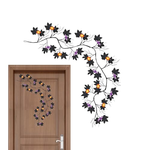 Jeruytgh Schwarze Kürbise, Kürbisranken-Girlande, 54 LED-Halloween-, Spuk-Leuchteffekt, verstellbare Beleuchtung, 180 cm, für Urlaub, Spiegel, Garten, Schlafzimmer, Treppe, Terrasse von Jeruytgh