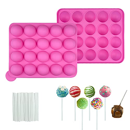 Cake Pop Silikonform, Cake Pop Form,Cake Pop Set, 20 Runde Cake Pop Silikon Backform mit 20 Stück Lollipop sticks ​für Cupcakes, Süßigkeiten, Gelee und Schokolade, Antihaftbeschichtet (Pink) von Jesdavan