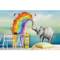 3D-Tapete Mit Aquarell-Elefant, Sprinkler, Schmetterling, Bunt, Abnehmbare Tapete, Abziehen Und Aufkleben, Wandgemälde, Spielzimmer-Tapete von JessHomeDecor