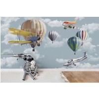 3D-Cartoon-Heißluftballon-Flugzeug-Tapete, Kinderzimmer-Tapete, Abnehmbare Tapete, Abziehen Und Aufkleben, Wandbild, Spielzimmer-Tapete, Wanddeko, R von JessHomeDecor