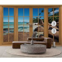 3D-Tapete Für Fenster, Küste, Felsen, Pflanze, Kokosnussbaum, Landschaft, Abnehmbare Tapete, Abziehen Und Aufkleben, Wandbild, Spielzimmer-Tapete von JessHomeDecor