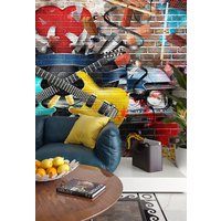 3D-Graffiti-Rock-Gitarre-Tauben-Tapete, Abnehmbare Tapete Zum Abziehen Und Aufkleben, Wanddeko Für Spielzimmer, R von JessHomeDecor