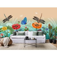 3D Handgezeichnete Florale Gänseblümchen-Schmetterlings-Libellen-Tapete, Abnehmbare Tapete, Abziehen Und Aufkleben, Wandbild, Spielzimmer-Tapete von JessHomeDecor