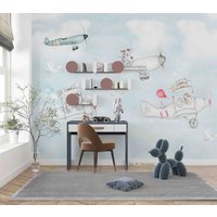 3D Handgezeichnete Cartoon-Flugzeug-Hund-Vogel-Ballon-Tapete, Abnehmbare Tapete, Abziehen Und Aufkleben, Wandbild, Spielzimmer-Tapete, Wanddeko, R von JessHomeDecor