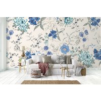 3D Handgezeichnete Florale Blaue Tapete, Abnehmbare Abziehen Und Aufkleben, Wandbild, Spielzimmer-Tapete, Wanddeko, R von JessHomeDecor