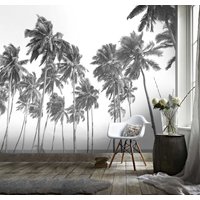 3D Handgezeichnete Pflanze Kokosnussbaum Graue Retro-Tapete, Abnehmbare Tapete, Abziehen Und Aufkleben, Wandbild, Spielzimmer-Tapete, Wanddeko, R von JessHomeDecor