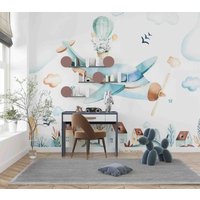 3D-Tapete, Handgezeichnet, Flugzeug, Heißluftballon, Wolkenhaus, Abnehmbare Tapete, Abziehen Und Aufkleben, Wandgemälde, Spielzimmer-Tapete von JessHomeDecor