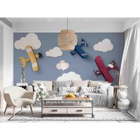 3D-Papierschnitt-Flugzeug-Wolken-Tapete - Kinderzimmer-Tapete, Abnehmbare Tapete, Abziehen Und Aufkleben, Wandgemälde, Spielzimmer-Tapete von JessHomeDecor