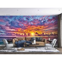 3D-Tapete „Meer, Himmel, Wolken, Sonnenstrahl, Goldene Landschaft", Abnehmbare Tapete, Abziehen Und Aufkleben, Wandgemälde, Spielzimmer-Tapete von JessHomeDecor