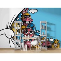 3D-Vorhang-Cartoon-Graffiti-Tapete, Kinderzimmer-Tapete, Abnehmbare Tapete, Abziehen Und Aufkleben, Wanddekoration, Spielzimmer-Tapete von JessHomeDecor