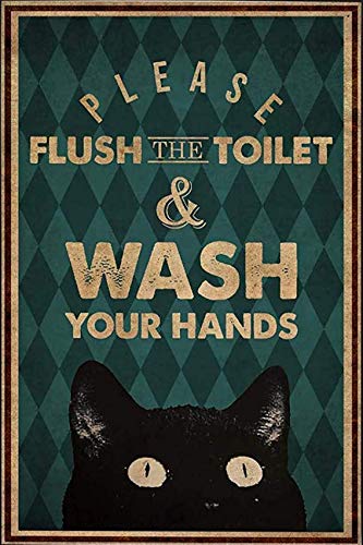 Jessgirl Katzendekoration für Mädchenzimmer, bitte spülen, die Toilette waschen und Ihre Hände waschen, Vintage-Stil, schwarze Katze, Dekoration für Schlafzimmer, 20,3 x 30,5 cm von Jessgirl