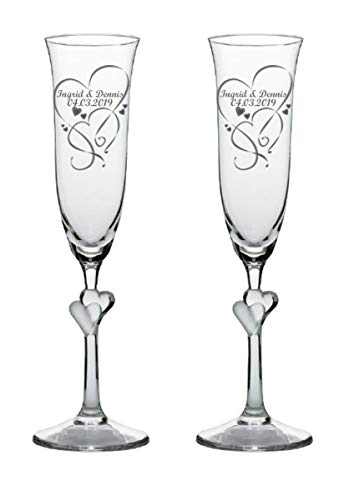 Sekt-Champagner-Gläser, Sektkelche L'Amour, graviert, 2er Set personalisiert-e Gravur, satinierte Herzen, ein persönliches Geschenk zur Hochzeit, Jahrestag, Valentinstag von Jessis Geschenkeschmiede