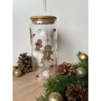 Weihnachts Trinkglas Mit Bambusdeckel Und Strohhalm L Glas Kaffeeglas I Iced Coffee von JessisHomemadeDesign