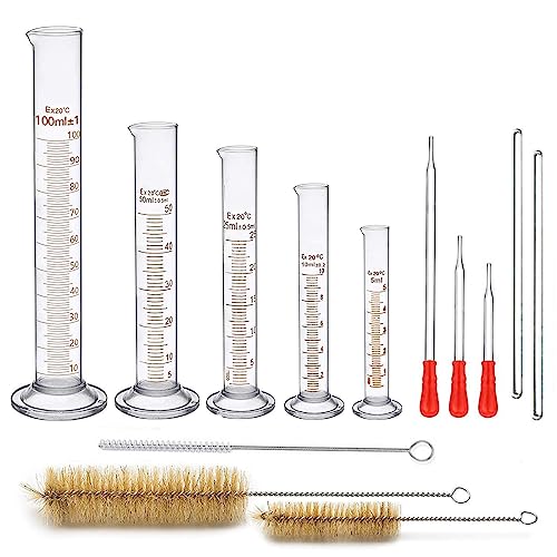 Messzylinder Glas, JESSTOLO 13 Stück Dickglas Graduierten Glasmesszylinder Set Chemistry Messung Werkzeuge mit 5 Meßzylinder 5ML 10ML 25ML 50ML 100ML, 3 Waschbürste, 3 Glas Pipetten und 2 Glasstab von JESSTOLO