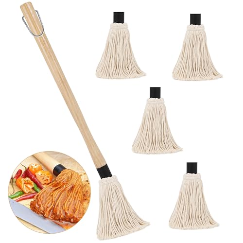 Grillpinsel BBQ Mops Pinsel, Basting Mop Profi Abnehmbares Holzgriff Grill Mop, Küchenpinsel Backpinsel Sauce Soßen Marinaden Grillbürste mit 4 Stück Extra Ersatzköpfen, zum Kochen Braten Grillen von Jesustree