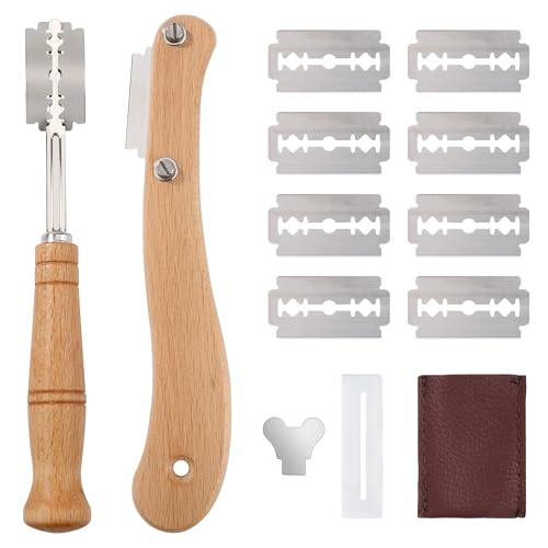 Jesustree Bäckermesser 2-Teiliges Brot Lahm Messer mit 10 Rasierklinge und Lederschutzhülle, Brot Backen Zubehör Teigmesser Set für gerade und geschwungene Schnitte von Jesustree