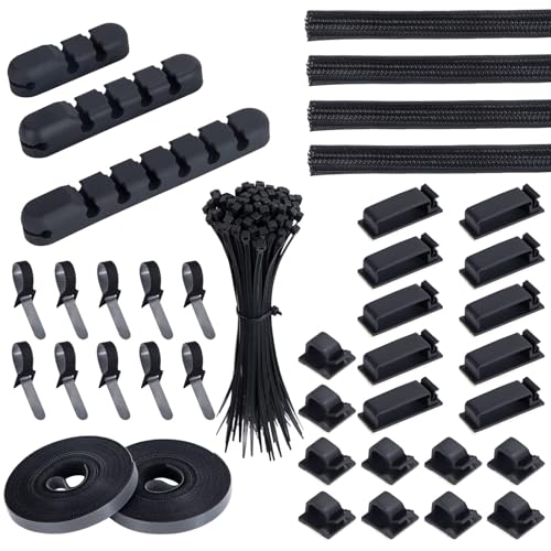 Kabelmanagement Kit 139Pcs mit 4 Kabelschläuche, 3 Schreibtisch Kabelhalter Organizer, 10+2 Befestigung Kabelbinder, 20 Selbstklebende Kabelklemmen, 100 Kabelbinder von Jesustree