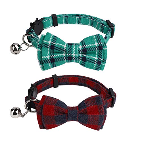 Katzenhalsband mit Glöckchen und Fliege Verstellbar, 2 Stück Einstellbar Plaid Katzenhalsbänder mit Sicherheitsverschluss für Kleine Hunde und Kitten (Rot, Grün) von Jesustree