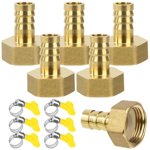 Messing Rohr Adapter, 6 Stück 14 mm Widerhaken x 3/4 Zoll Innengewinde Rohrverbinder aus Messing mit Gewinde, Schlauchtülle Verschraubung mit Klemmen für Wasser, Gas, Luft von Jesustree