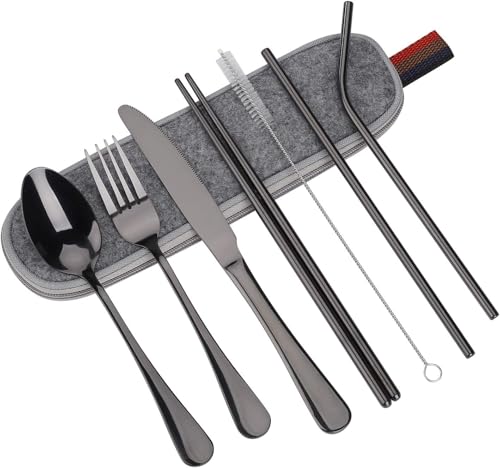 Utensilien Set Tragbare Wiederverwendbar Tafelbesteck 8 Stück Edelstahl Messer Gabel Löffel Essstäbchen Reinigungsbürste Strohhalme Tragbares Gehäuse von Jesustree