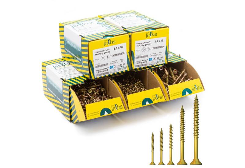 Jet-Fast Schrauben-Set Spanplattenschrauben, Duo-Senkkopf, Selbstbohrspitze - Heimwerker Set, (Packung-Set), Selbstborhspitze, kein Vorbohren nötig, schnelles Einschrauben von Jet-Fast