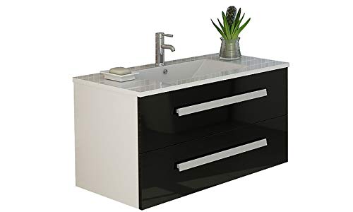 Jet-Line® | Badset Rapperswil | Badmöbel Set| Waschtisch | schwarz | Hochglanz | Unterschrank | Badmöbelset | Keramit Waschbecken / 90 cm Breit| Bad Möbel | Soft Close von Jet-Line
