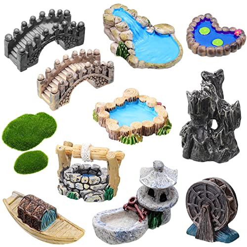 12 Stück Feengarten-Zubehör Miniatur-Gartenbrücke Figuren Mini-Leuchtturm Wasserbrunnen Brücke Figuren Miniatur Teich Rasen Garten Ornament Figuren für DIY Handwerk Garten Dekor (Retro-Stil) von Jetec