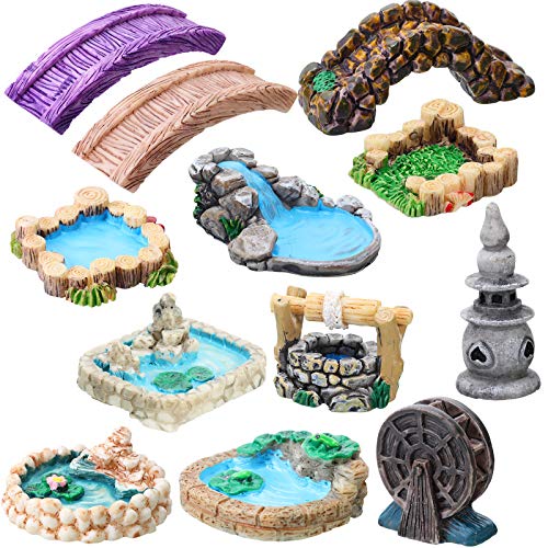 12 Stück FeengartenZubehör MiniaturGartenbrücke Figuren Mini Leuchtturm Wasserbrunnen Brücke Figuren Miniatur Teich Rasen Garten Ornament Figuren für DIY Handwerk Garten Dekoration (klassischer Stil) von Jetec