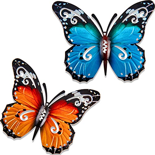 2 Stücke Outdoor Große Metall Schmetterling Garten Dekorationen Outdoor Wandkunst Metall Schmetterling für Outdoor Zäune Schuppen Wände, 27 x 22 cm (Blau und Gelb) von Jetec