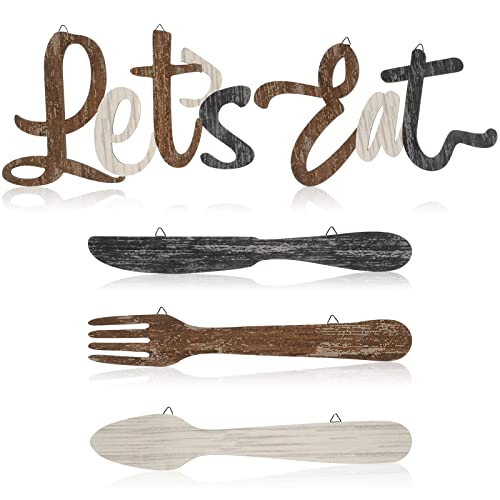 5 Stück Holz Let's Eat Schild, Gabel Löffel und Messer Holz Wanddekor, rustikale Holz Küche hängende Dekoration, Beige, Dunkelgrau) von Jetec