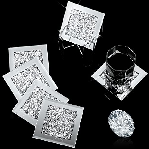 7-teiliges Glas-Untersetzer-Set, 6 Stück silberne zerkleinerte Kristall-Untersetzer mit Halter für Getränke, Glitzer, Tisch, Bar-Zubehör (quadratisch) von Jetec