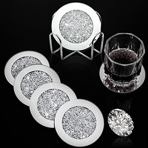 7-teiliges Glas-Untersetzer-Set, 6 Stück silberne zerkleinerte Kristall-Untersetzer mit Halter für Getränke, Glitzer, zerkleinerte Diamant-Dekoration auf Tischplatte für Zuhause, Tisch, Bar-Zubehör von Jetec