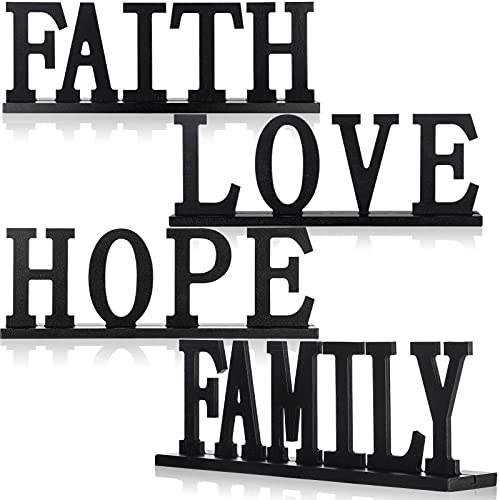 Holzschild mit Aufschrift "Love Faith Hope Family", schwarz, Holzschild mit ausgeschnittenem Buchstaben, Tischdekoration, freistehendes Holzschild für Zuhause, Zimmer, Kamin, Tischdekoration, 4 Stück von Jetec