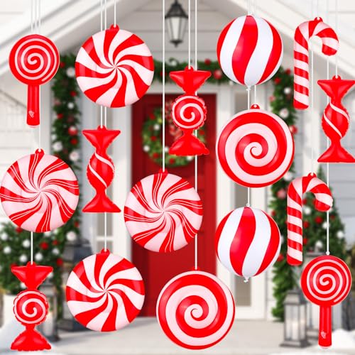 Jetec 16 Stück Weihnachten Aufblasbare Süßigkeiten Dekoration 22,9 cm Süßigkeiten Hängende Dekor Candycane Swirl Lollipop Ornament Aufblasbare Weihnachten PVC Candy Balls für Outdoor Weihnachten Party von Jetec