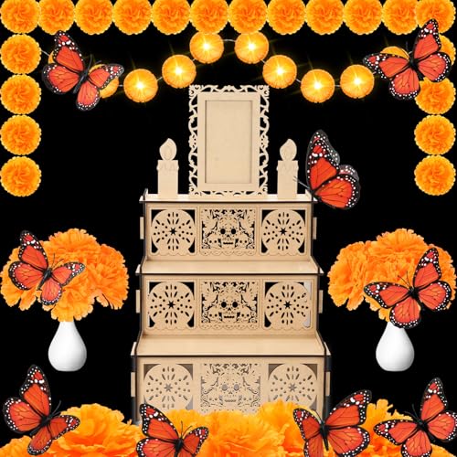 Jetec Dia De Los Muertos Dekorationsset mit 1 Stück Tag der Toten Altar Ofrenda, 20 künstliche Ringelblumen-Blumen, Diwali-Ringelblumen-Girlande und Monarch-Schmetterling-Dekoration (stilvoll, extra von Jetec