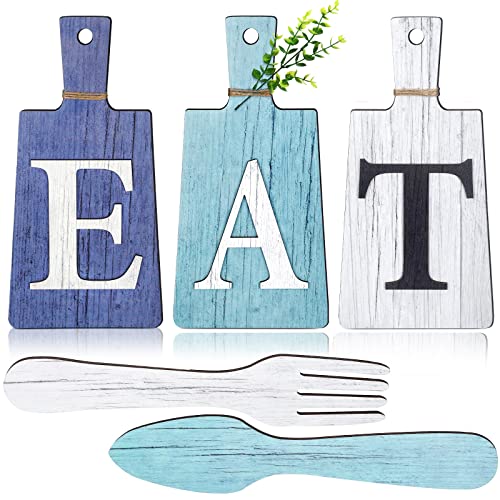 Schneidebrett "Eat"-Schilder-Set zum Aufhängen, Kunst, Küche, Essen, Gabel und Löffel, Wanddekoration, rustikal, primitiv, Landhaus-Küchendekoration für Küche und Heimdekoration (dunkelblau, hellblau, von Jetec