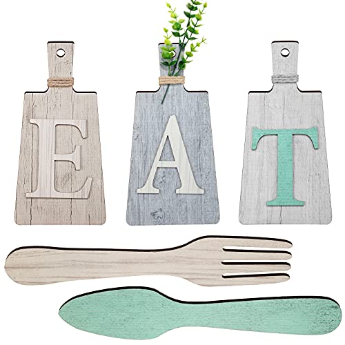 Schneidebrett Eat Schild Set Hängende Kunst Küche Eat Schild Gabel und Löffel Wand Dekoration Rustikales Primitives Land Bauernhaus Küchen Dekor für Esszimmer (Beige, Dunkelgrau, Grauweiß) von Jetec