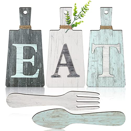 Schneidebrett Eat Schild Set Hängende Kunst Küche Eat Schild Gabel und Löffel Wand Dekoration Rustikales Primitives Land Bauernhaus Küchen Dekor für Esszimmer (Grau, Weiß, Blau) von Jetec