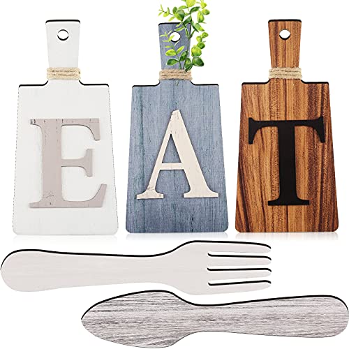 Schneidebrett Eat Schild Set Hängende Kunst Küche Eat Schild Gabel und Löffel Wand Dekoration Rustikales Primitives Land Bauernhaus Küchen Dekor für Esszimmer (Grau, Weiß, Braun) von Jetec