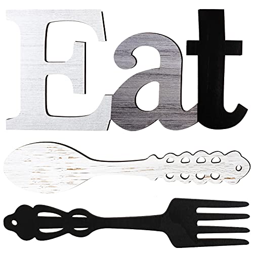 Set von EAT-Schild, Gabel und Löffel, Wanddekoration, rustikale Holzdekoration, niedliche Eat-Buchstaben für Küche Zuhause, dekorative Holzbuchstaben, Landhaus-Wandkunst Esszimmer (stilvolle Farben) von Jetec