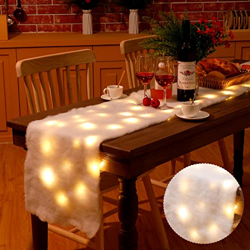 Weihnachts-Schneedecke mit 2 LED-Lichtern, Weihnachtstischdecke, künstlicher Schnee, Tischläufer, weißer Vliesstoff, Schneedecke, Dorf, Tischdekoration (33x295 cm) von Jetec