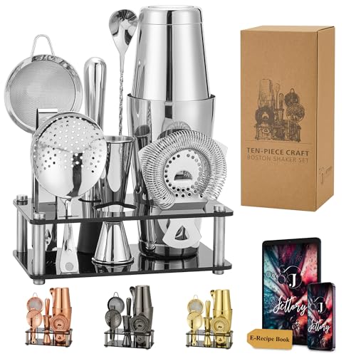 Jettory Boston Shaker Set - 10-teiliges Edelstahl Cocktail Shaker Set mit Acryl-Basis, Barsieb, Eiszange, Barlöffel, Messbecher, Stößel - Perfekt für die Hausbar (Silber) von Jettory