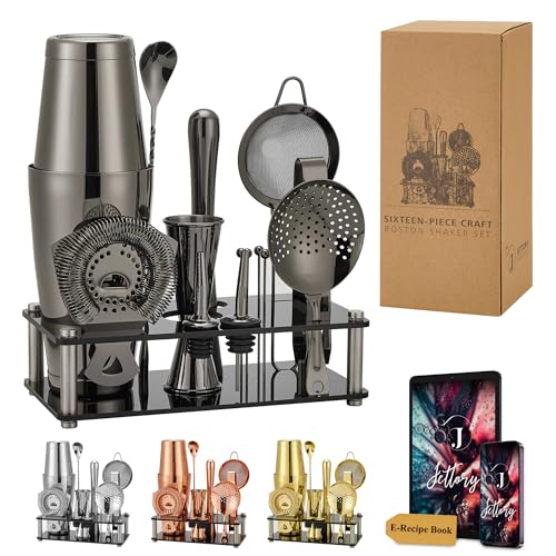Jettory Boston Shaker Set - 16-teiliges Edelstahl Cocktail Shaker Set mit Acryl-Basis, Barsieb, Eiszange, Barlöffel, Messbecher, Stößel, Flaschenausgießer & Cocktailspieße (Schwarz) von Jettory