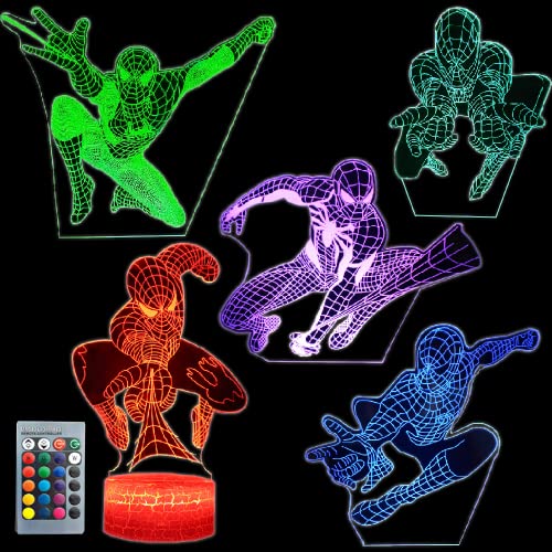 Spiderman Nachtlicht für Kinder, Superhero 3D Anime Illusion Lampe 5 Muster 16 Farben ändern Smart Touch Remote Superhero Schlafzimmer Decor Lichter Geburtstag Weihnachtsgeschenke für Jungen Männer von Jevrpley