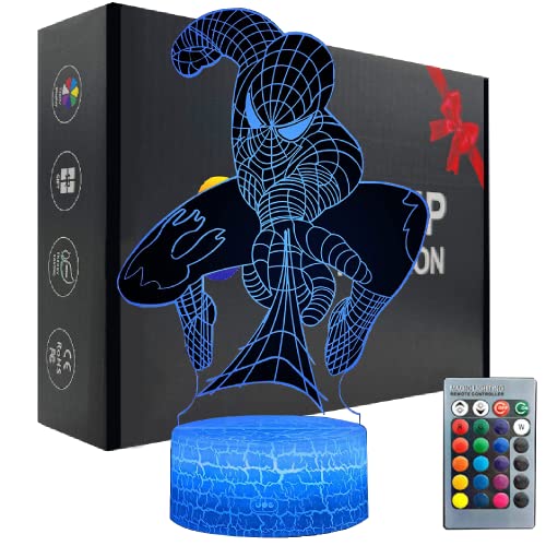 Spiderman Spielzeug, Superheld 3D Nachtlicht für Jungen, Kind Nachtlicht mit Fernbedienung Smart Touch 16 Farbwechsel Dimmbar 3D Illusion Lampe Weihnachtsgeburtstag Geschenk für Kinder Mädchen Jungen von Jevrpley