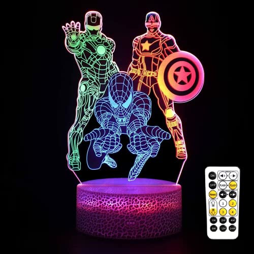 Spiderman Spielzeug, Superheld 3D Nachtlicht für Jungen mit Timing Fernbedienung Smart Touch, Dynamische Farbwechsel Dimmbar 3 Mustern Kinder-Spielzeug Lampe für Iron Man, Captain America Geschenke von Jevrpley