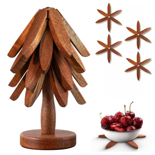 Untersetzer Holz Set für Baumkunst, Weihnachtsbaum Topfuntersetzer Holz Set mit 4 Untersetzer Topf & 1 Ständer, Faltbare Untersetzer Topf für Küchenpfannen,Töpfe und Besteck (Dunkel) von Jevuoyee