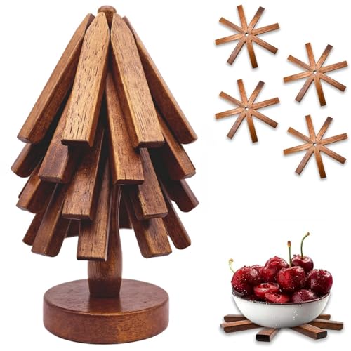 Untersetzer Holz Set für Baumkunst, Weihnachtsbaum Topfuntersetzer Holz Set mit 4 Untersetzer Topf & 1 Ständer, Faltbare Untersetzer Topf für Küchenpfannen,Töpfe und Besteck (Dunkel, Quadratisch) von Jevuoyee